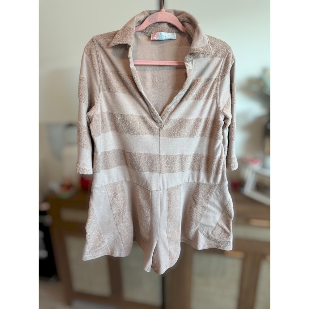 Free People Beach Charlton Striped V-Neck Terry Short Romper Tan Womens Small
